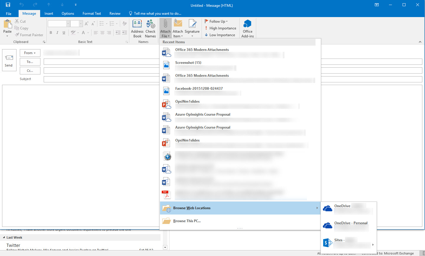 Selecting a OneDrive in Outlook 2016 (Image Credit: Russell Smith)