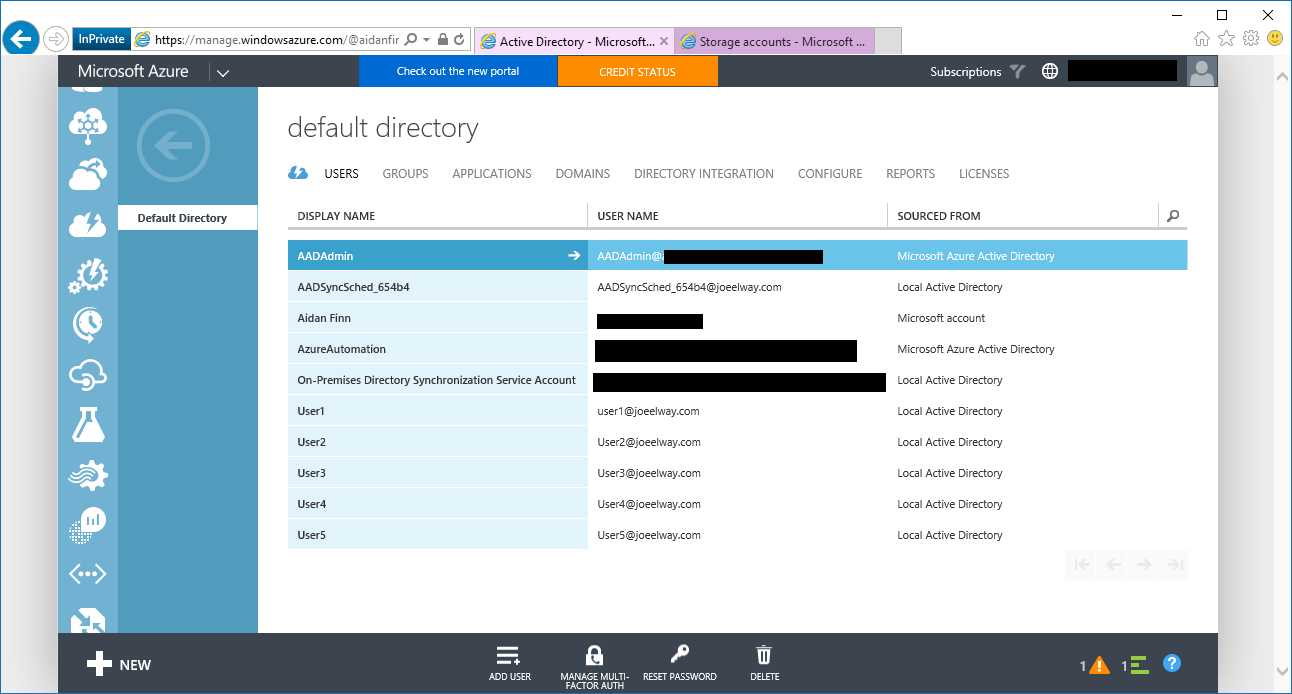 User accounts synced to Azure AD via Azure AD Sync (Image Credit: Aidan Finn)