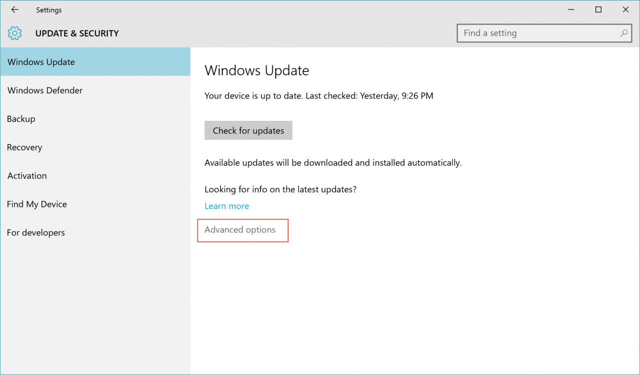 Selecting advanced Windows Update options. (Image Credit: Daniel Petri)