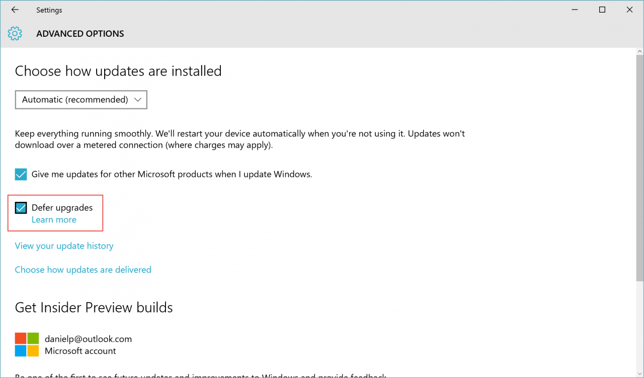 Deferring upgrades in Windows 10. (Image Credit: Daniel Petri)