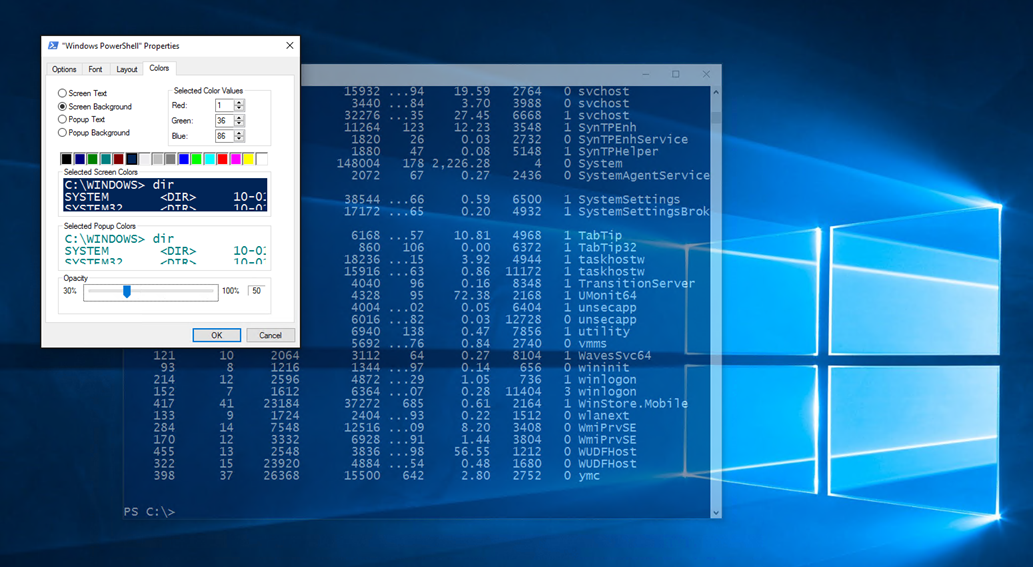 Transparent PowerShell in Windows 10