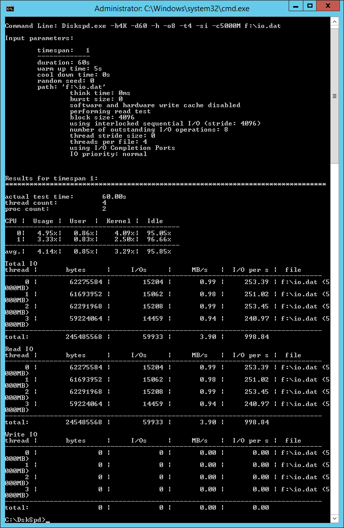 DskSpd results with two Standard Storage data disks (Image Credit: Aidan Finn)