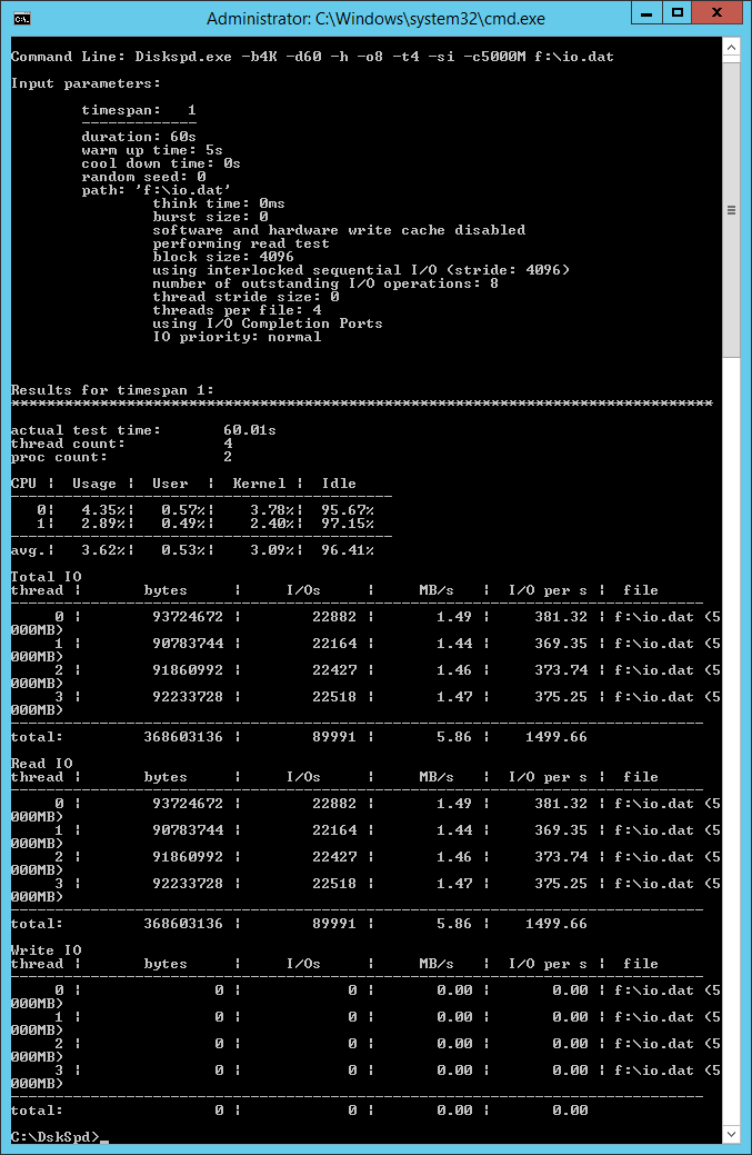 DskSpd results with three Standard Storage data disks (Image Credit: Aidan Finn)