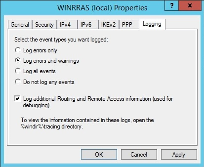 Enable diagnostics logging in Windows Server 2012 R2 Routing and Remote Access (Image Credit: Russell Smith)