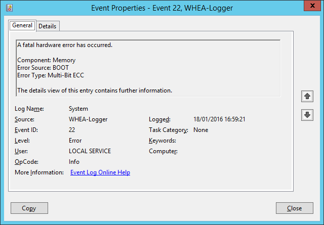 A system log error from WHEA (Image Credit: Aidan Finn)