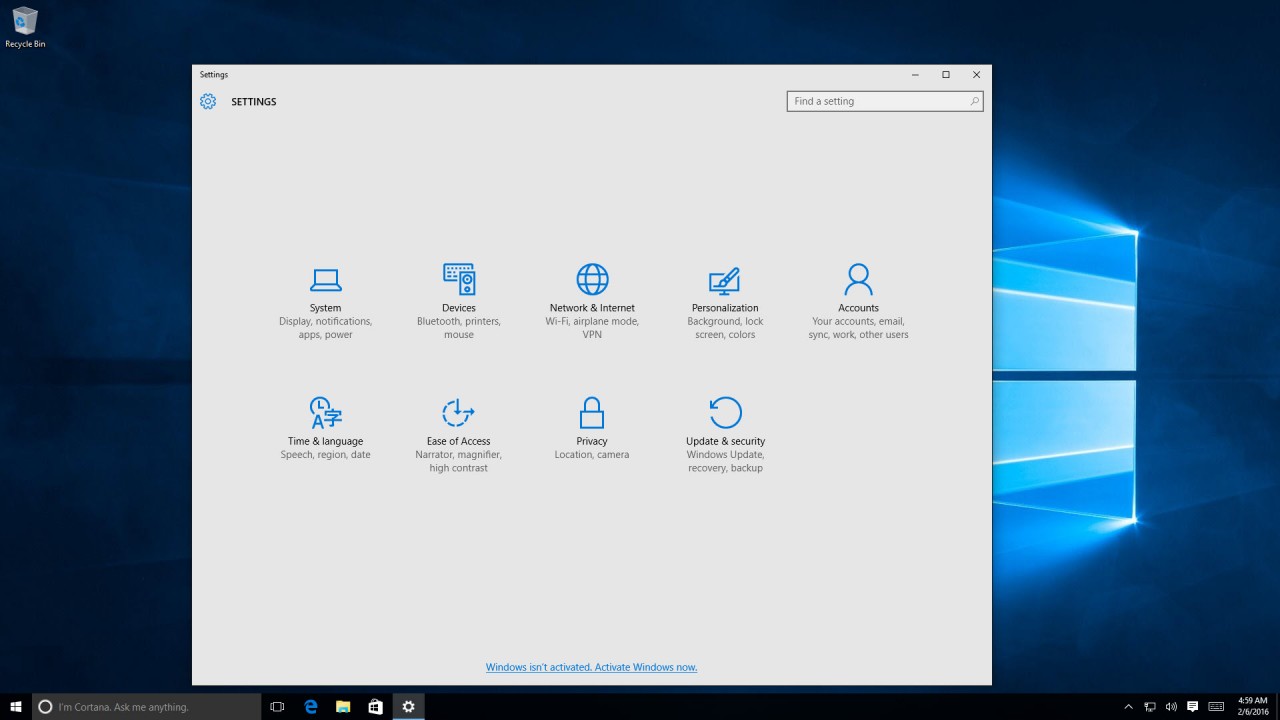 The settings panel in Windows 10.