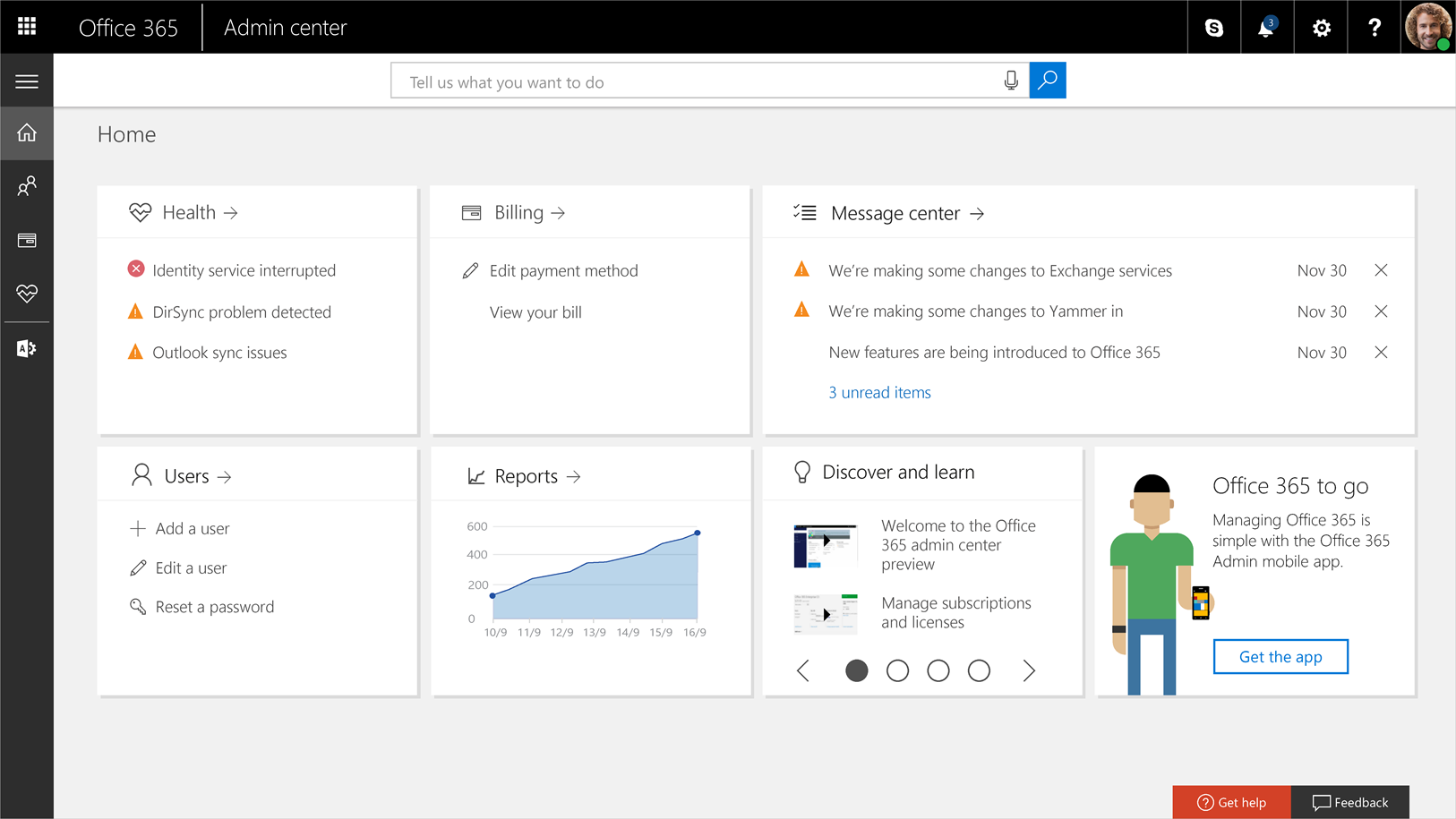 New Admin Center Dashboard - Courtesy of Microsoft