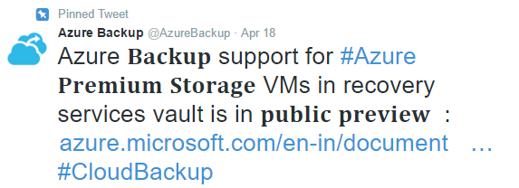 The Azure Premium Storage backup tweet [Image credit: Microsoft]