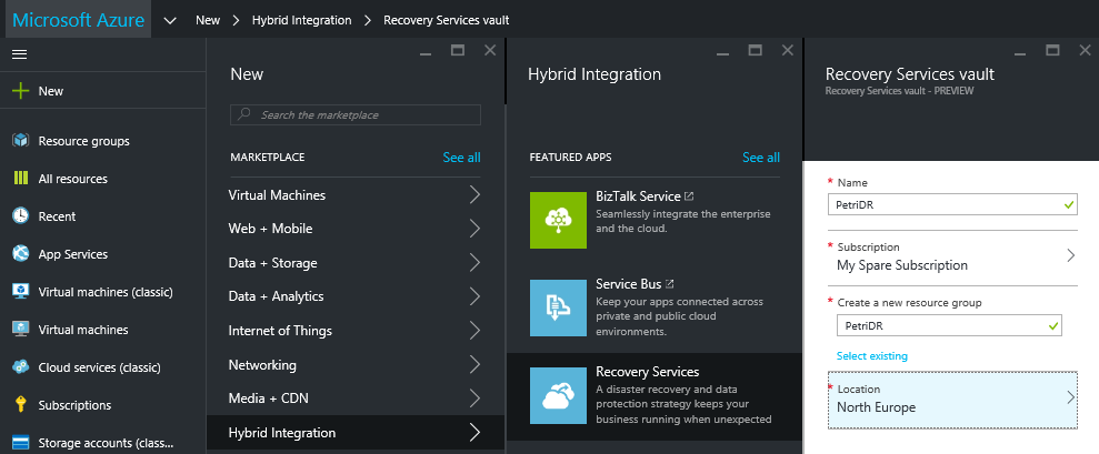 Creating an Azure recovery services vault (Image Credit: Aidan Finn)