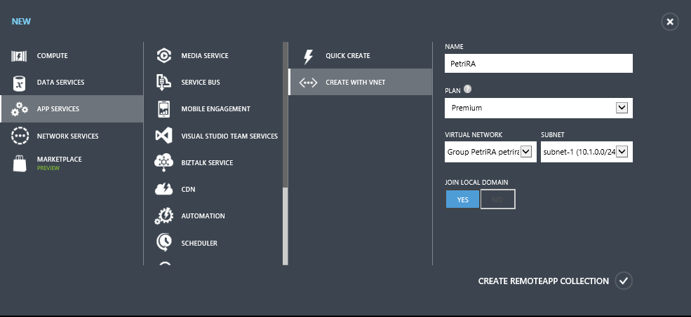 Create a RemoteApp app collection with VNet connectivity (Image Credit: Aidan Finn)