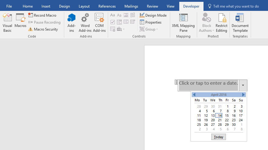 Date Picker Content Control in Word 2016 (Image Credit: Russell Smith)