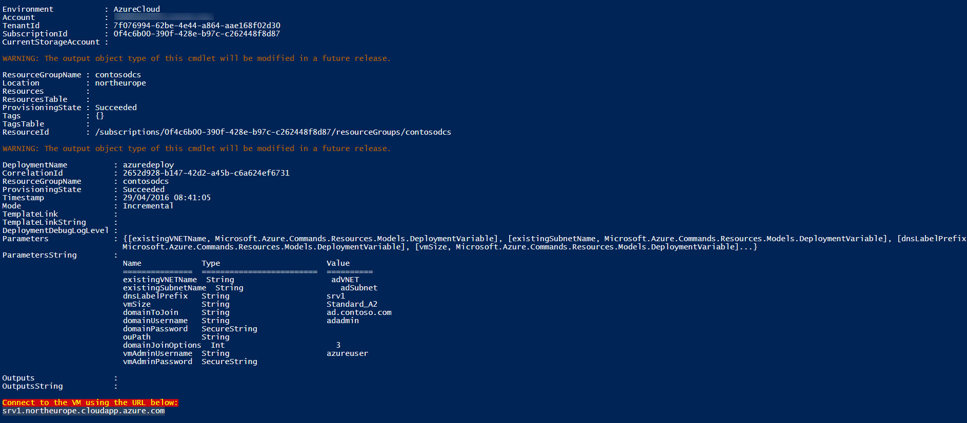 The New-AzureRmResourceGroupDeployment PowerShell cmdlet output (Image Credit: Russell Smith)
