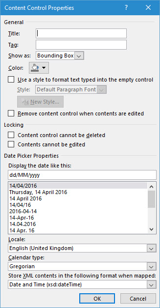Date Picker Content Control properties in Word 2016 (Image Credit: Russell Smith)