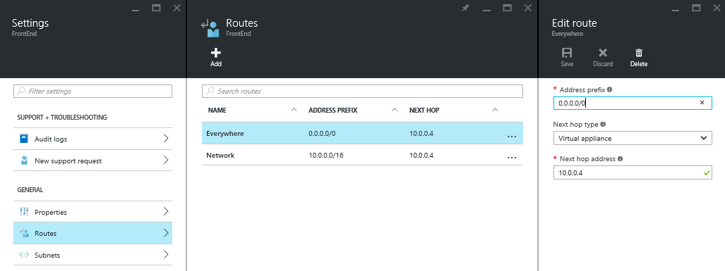The user defined routes for a DMZ in Azure (Image Credit: Aidan Finn)