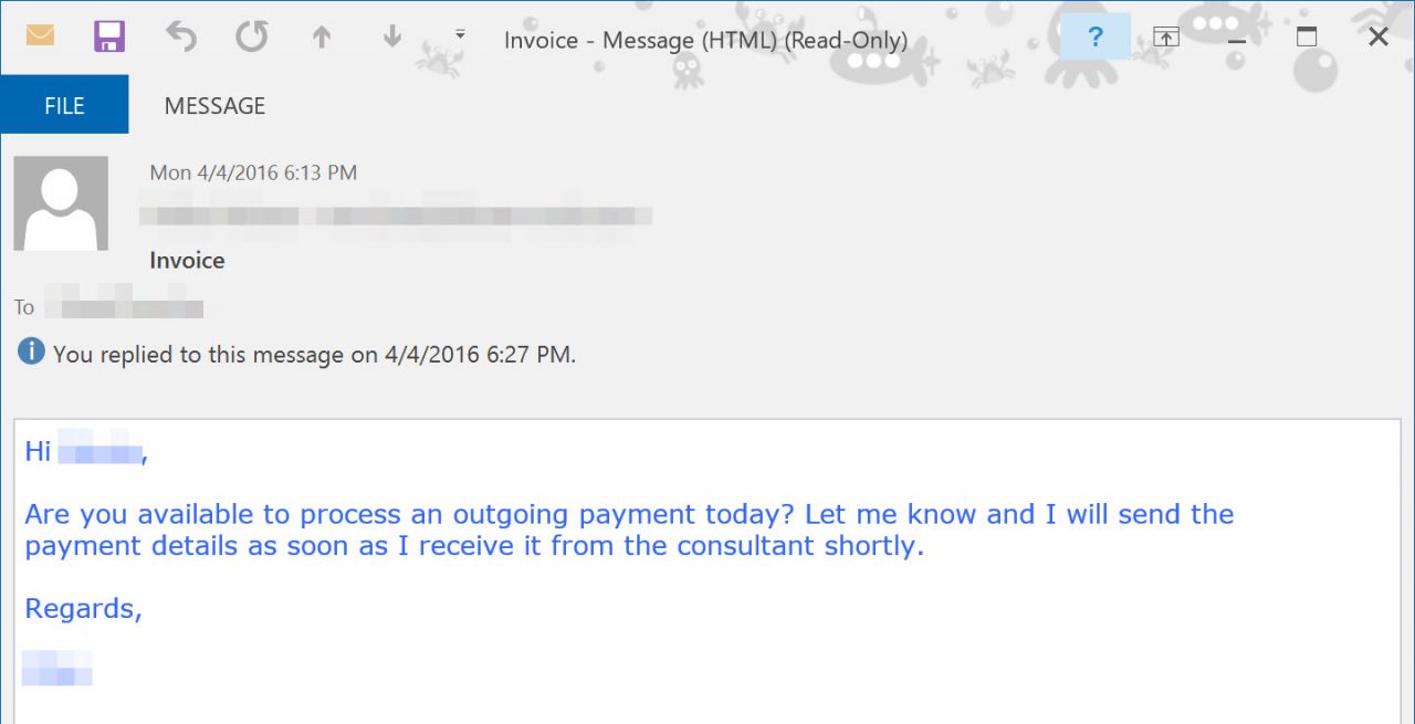 Example of business email compromise phishing attack. (Image Credit: Daniel Petri)