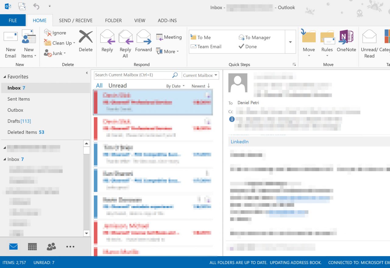Result of conditional formatting in Outlook 2013. (Image Credit: Daniel Petri)