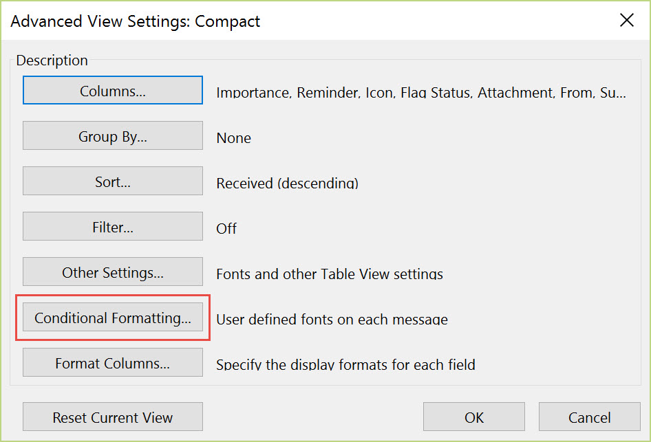 Advanced View Settings in Outlook 2013. (Image Credit: Daniel Petri)