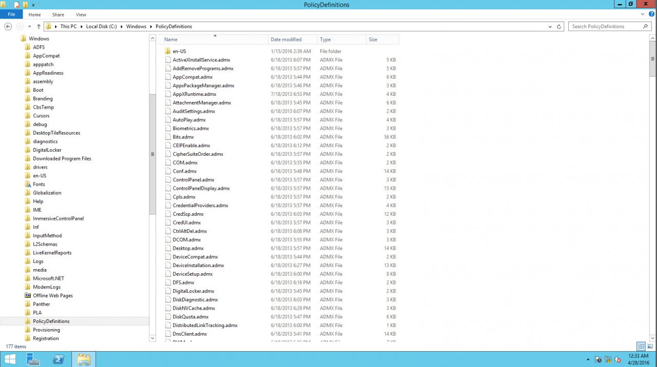 Policy definitions file folder in Windows Server 2012 R2. (Image Credit: Daniel Petri)