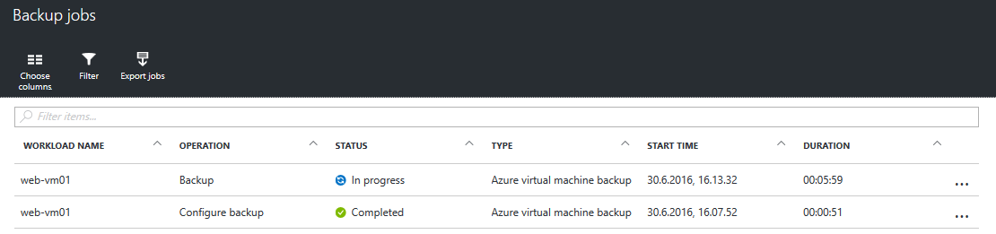 Viewing the status of Azure Backup jobs [Image Credit: Aidan Finn]