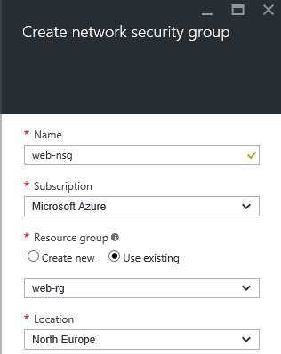 Creating a new network security group in Azure ARM [Image Credit: Aidan Finn]