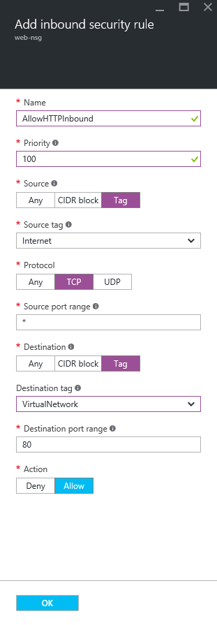 Allowing TCP 80 inbound in an Azure network security group [Image Credit: Aidan Finn]