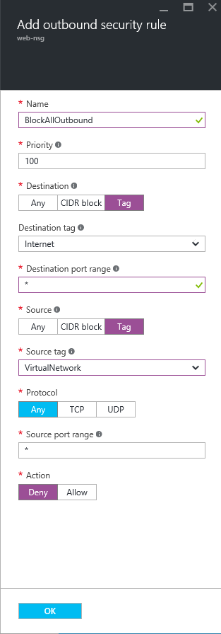 A new “block all traffic to the Internet” rule in an Azure NSG [Image Credit: Aidan Finn]