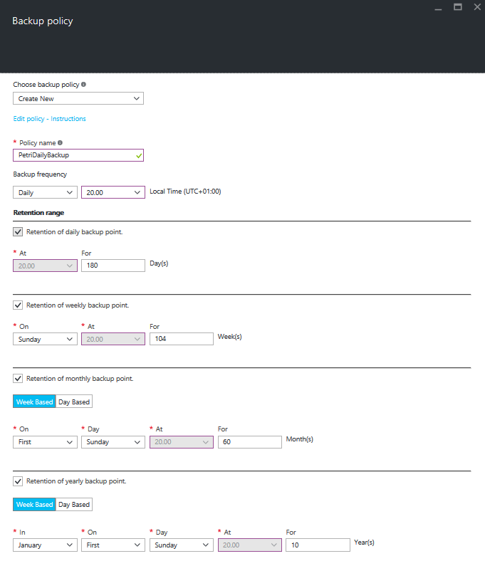 Configuring the policy for backing up Azure VMs [Image Credit: Aidan Finn]