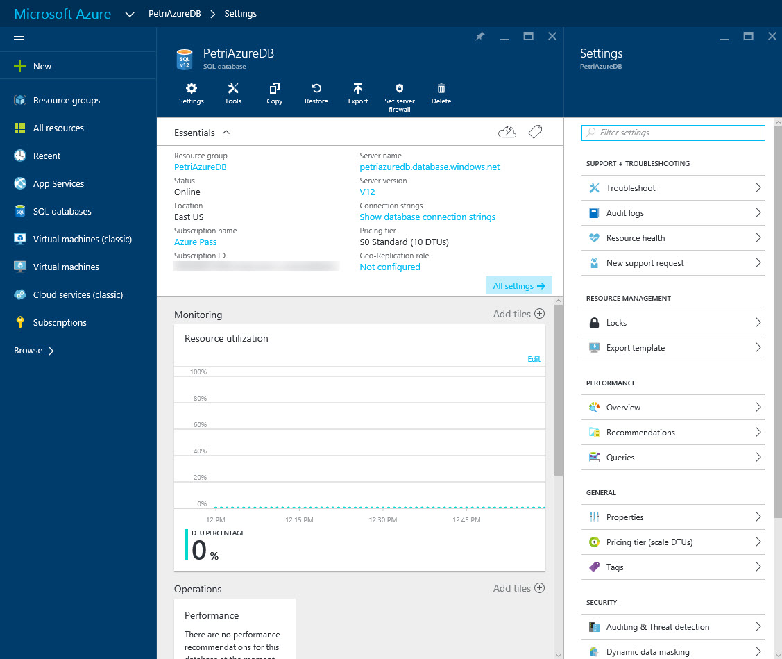 New Azure SQL Database settings (Image Credit: Russell Smith)