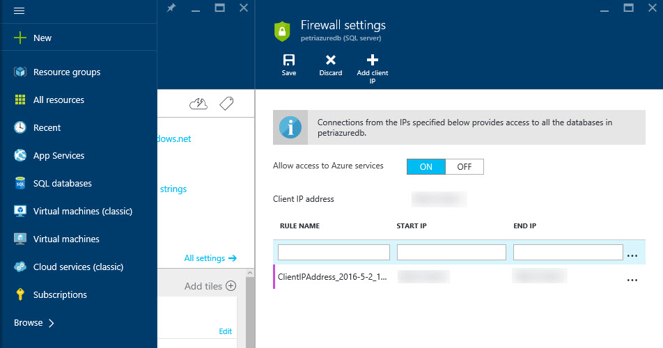 Azure SQL Database server firewall settings (Image Credit: Russell Smith)