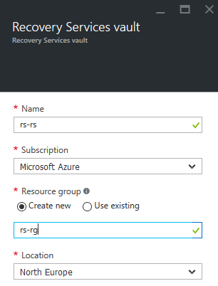 Create a new Azure recovery services vault [Image Credit: Aidan Finn]