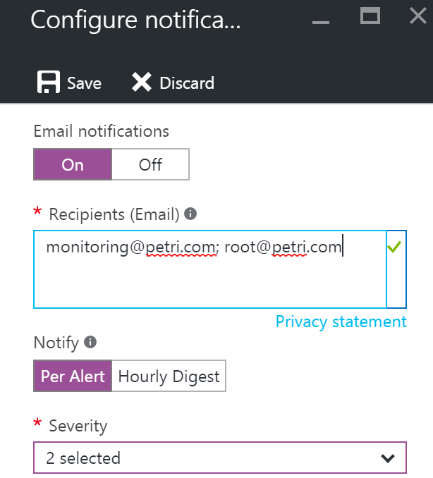 Configuring where to send Azure Backup email alerts [Image Credit: Aidan Finn]