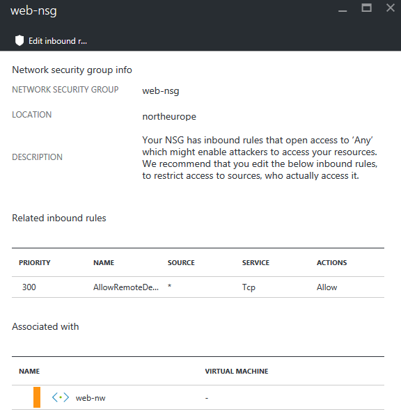 Azure Security Center recommendation about a network security group [Image Credit: Aidan Finn]