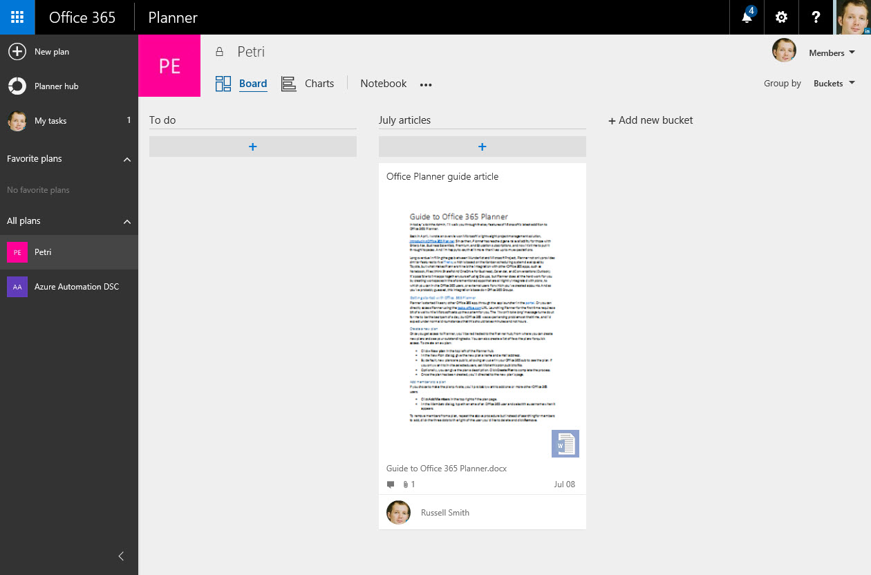 Buckets and task cards in Office 365 Planner (Image Credit: Russell Smith)