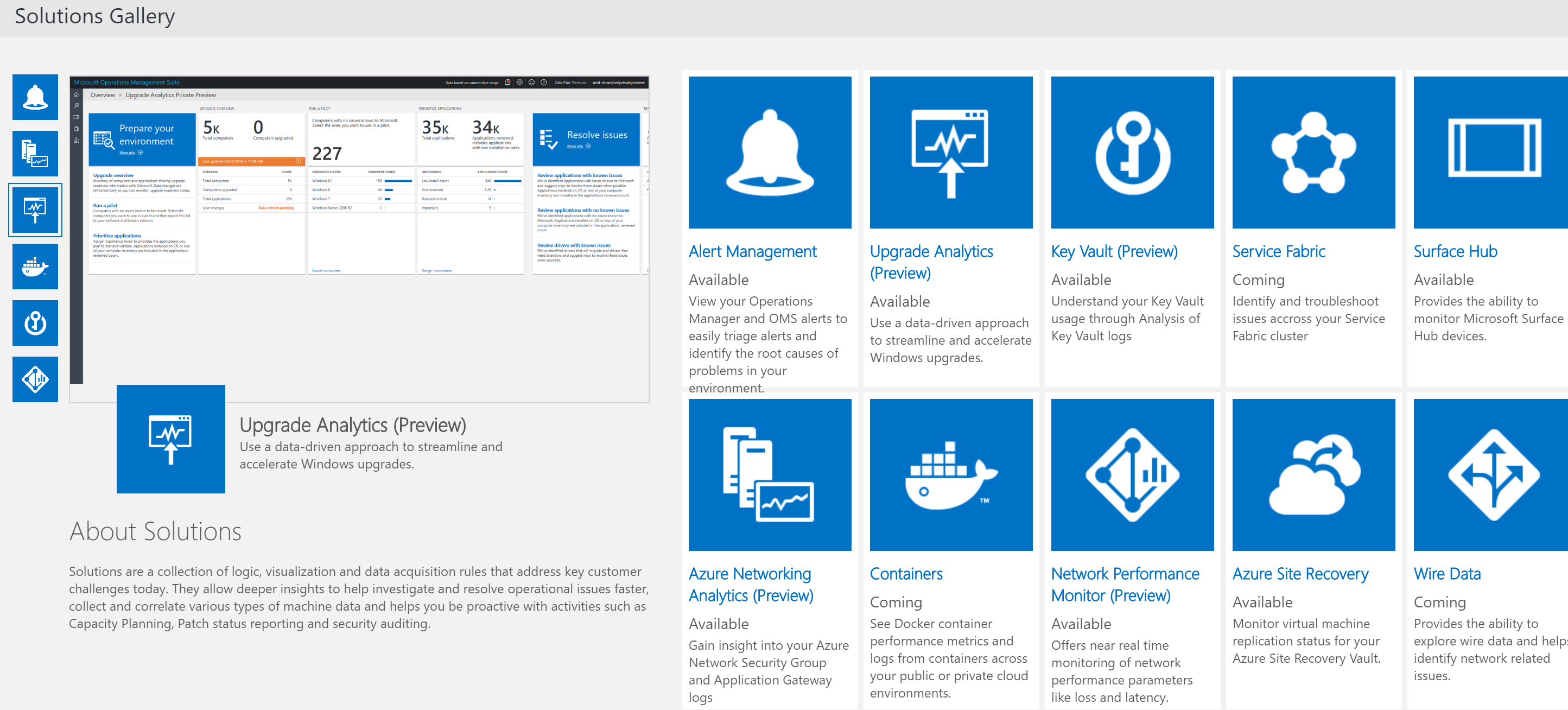 The Azure Log Analytics (OMS) solutions gallery [Image Credit: Aidan Finn]