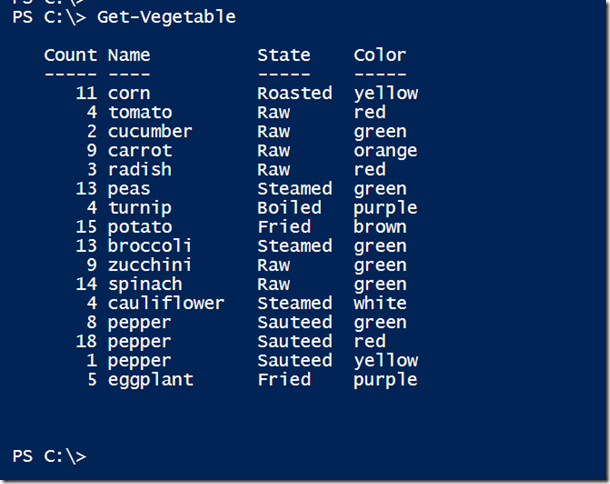 getting vegetable objects with PowerShell