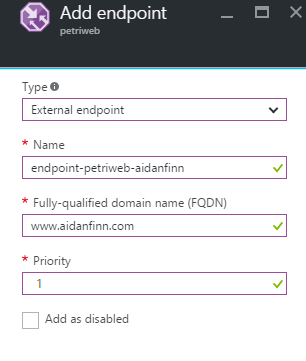 Add the production endpoint for the on-premises service’s public domain name [Image Credit: Aidan Finn]
