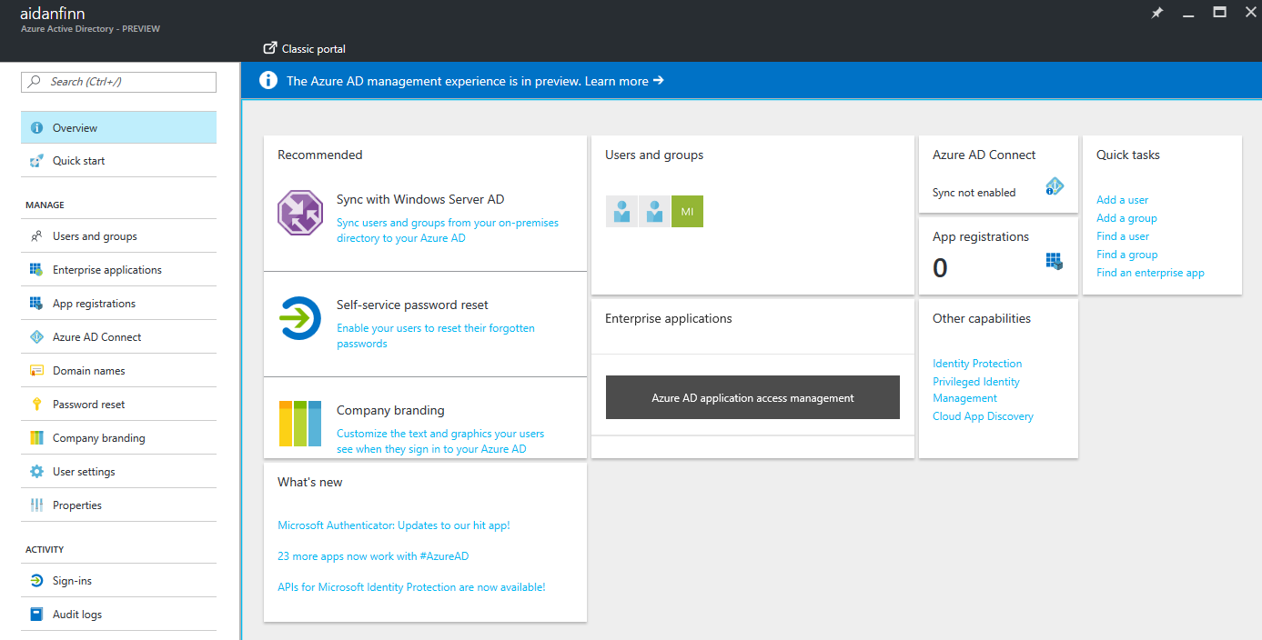 The overview screen for Azure AD in the Azure Portal [Image Credit: Aidan Finn]