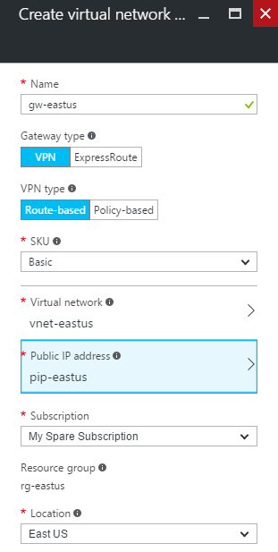 Creating a new VPN gateway in Azure [Image Credit: Aidan Finn]