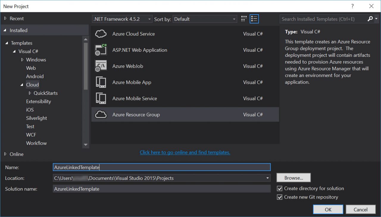 Create a new project in Visual Studio to create an Azure Resource Group (Image Credit: Russell Smith)