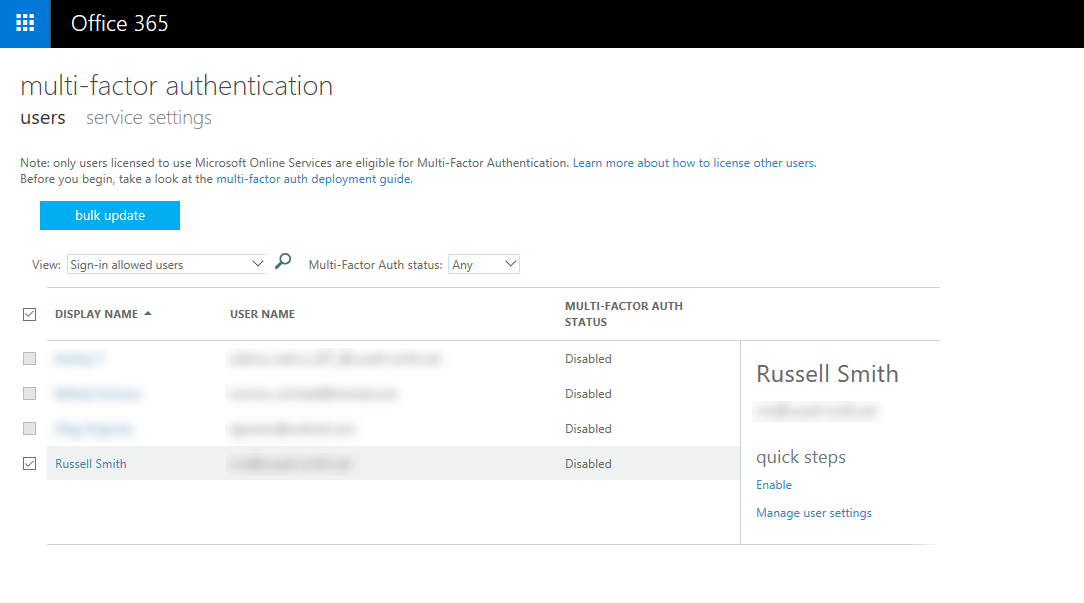 Enable multi-factor authentication for an Office 365 user (Image Credit: Russell Smith)