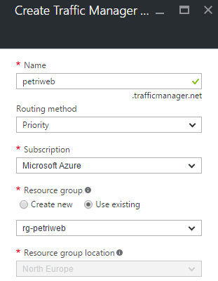 Create a Traffic Manager profile with Priority routing method [Image Credit: Aidan Finn]