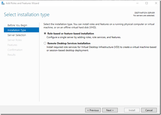 Selecting Role or Feature installation