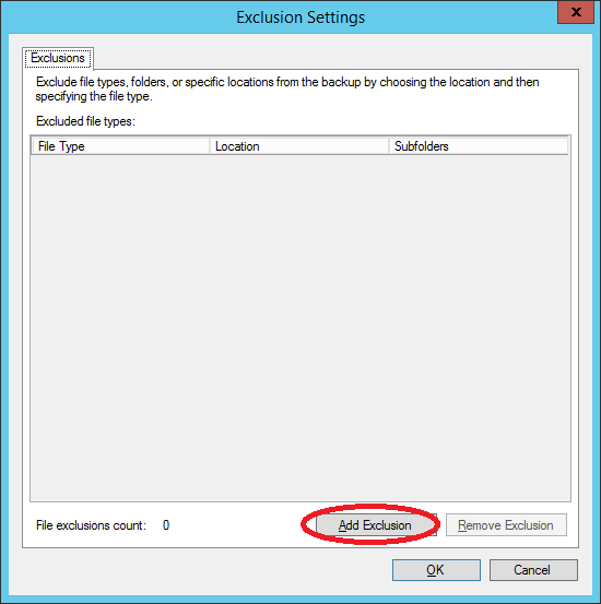 Un-configured Exclusion Settings in Azure Backup [Image Credit: Aidan Finn]