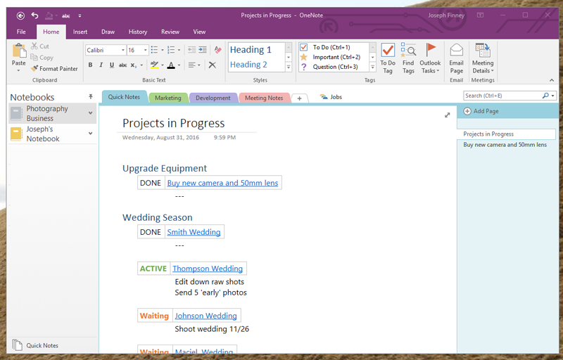 OneNote Project Dashboard