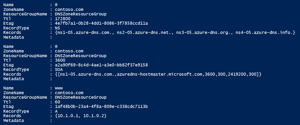 List the DNS zone details using Get-AzureRmDnsRecordSet (Image Credit: Russell Smith)