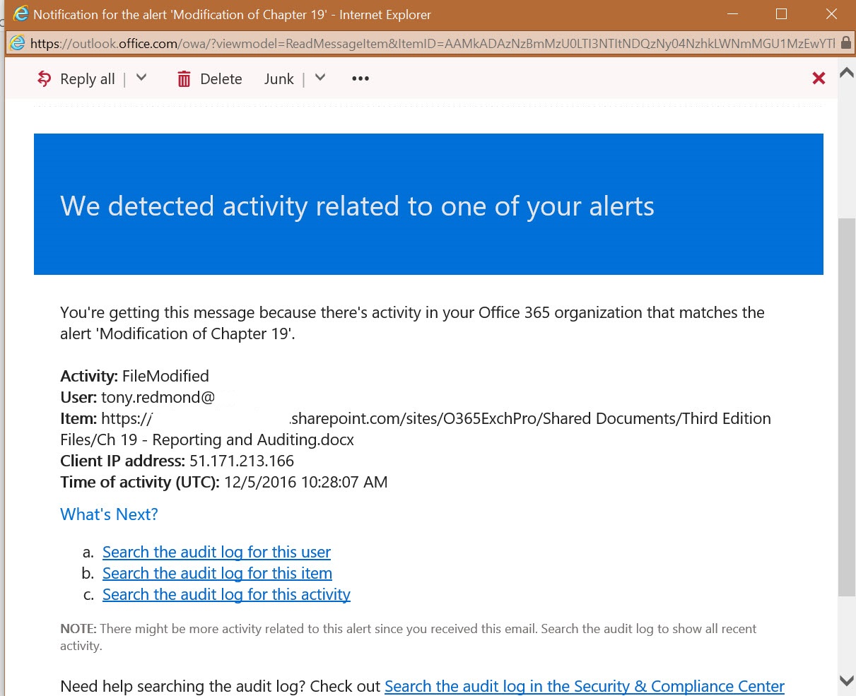 Office 365 Alert message