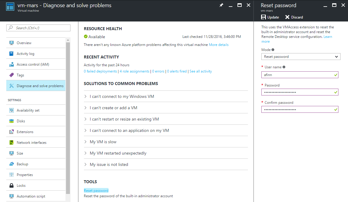 Reset the password of an Azure virtual machine [Image Credit: Aidan Finn]