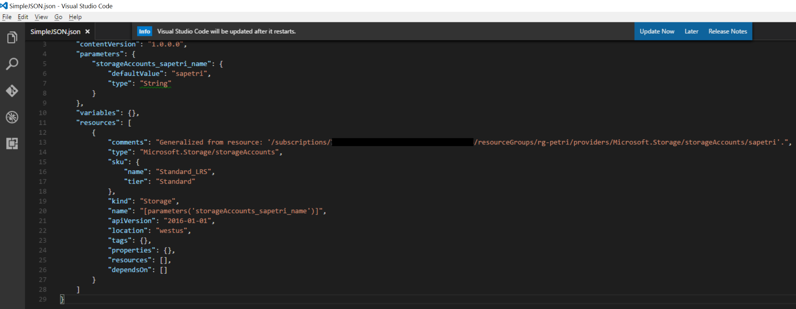 The default JSON in VS Code [Image Credit: Aidan Finn]