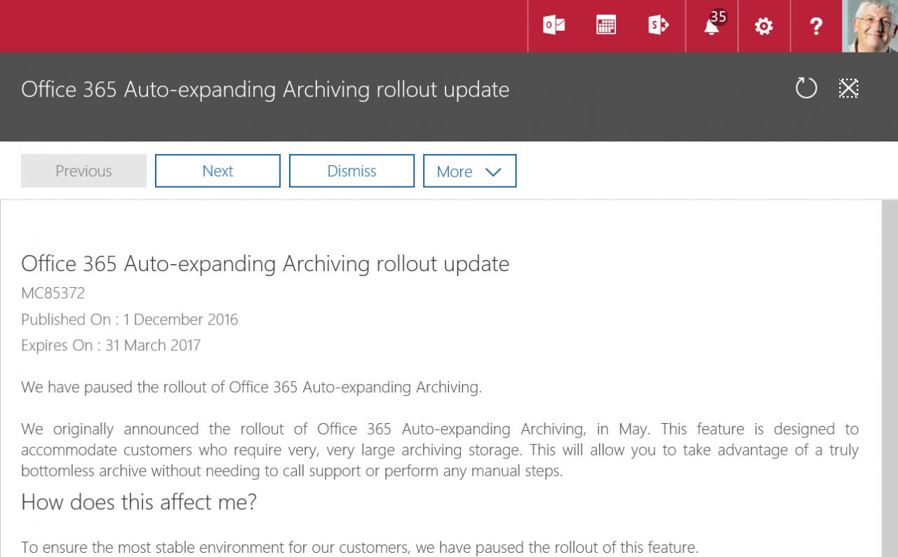 Deployment of Exchange Online Expandable Archives Paused | Petri IT  Knowledgebase