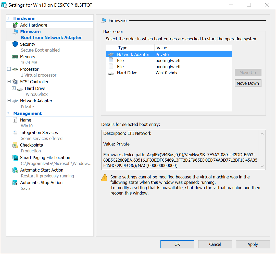 Configure a Hyper-V VM to boot from the network card (Image Credit: Russell Smith)